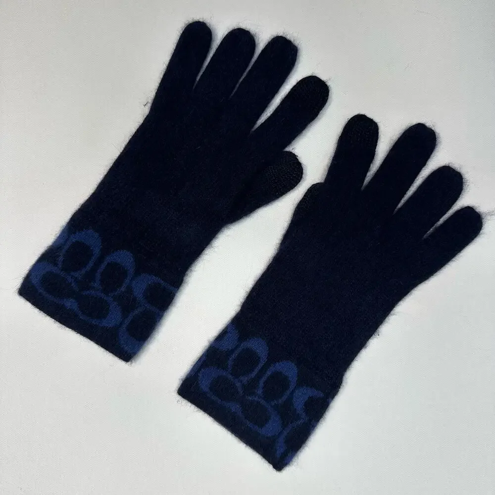 Coach Wool Cashmere Blend Navy Blue Knit Gloves One Size Fits All